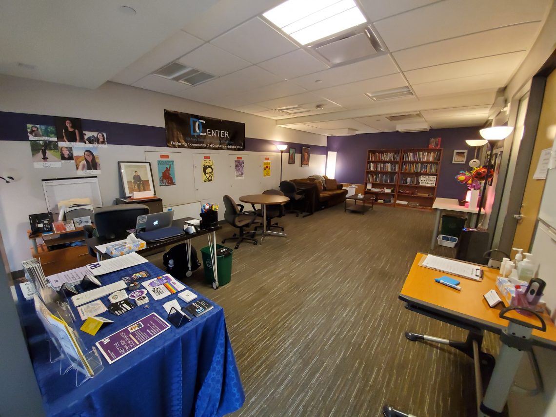 Picture of the interior of the D Center showing the front desk and lounge area