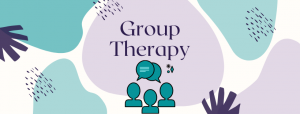 Purple and blue background with clipart of blue figures standing close to one another talking underneath the words "Group Therapy"